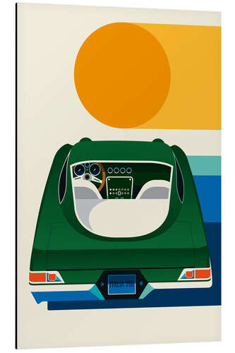 Aluminium print Green vintage car with sun