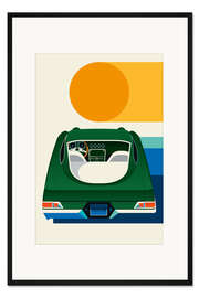 Gerahmter Kunstdruck Green vintage car with sun