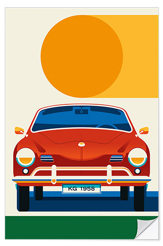 Sticker mural Red vintage sports car front with sun