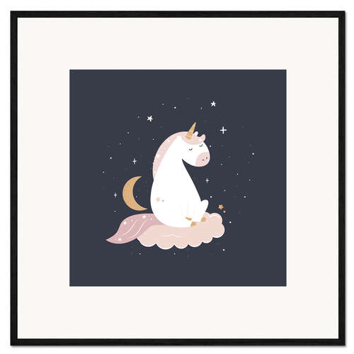 Impressão artística com moldura Unicorn on clouds by the night