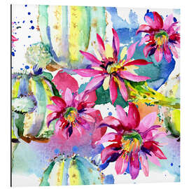 Aluminium print Pink gerberas and cacti in watercolor