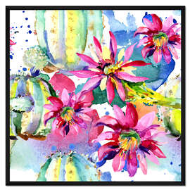 Gerahmter Kunstdruck Pinke Gerbera und Kakteen in Aquarell