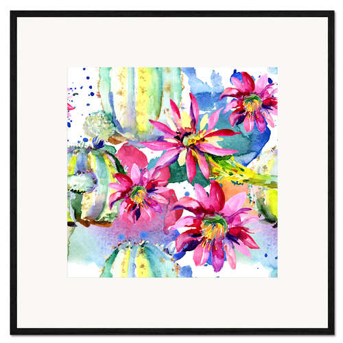 Stampa artistica con cornice Pink gerberas and cacti in watercolor