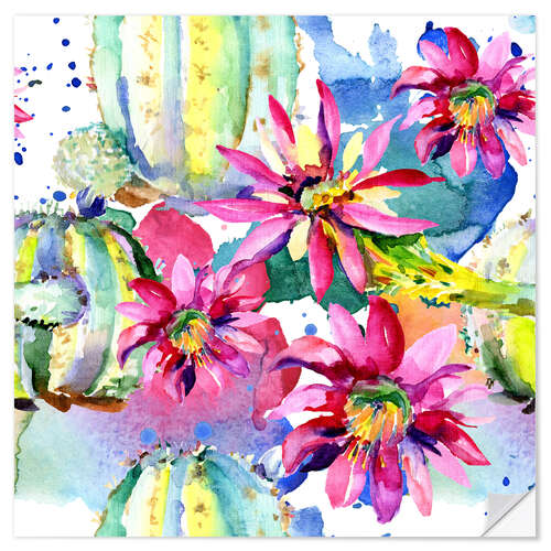 Autocolante decorativo Pink gerberas and cacti in watercolor