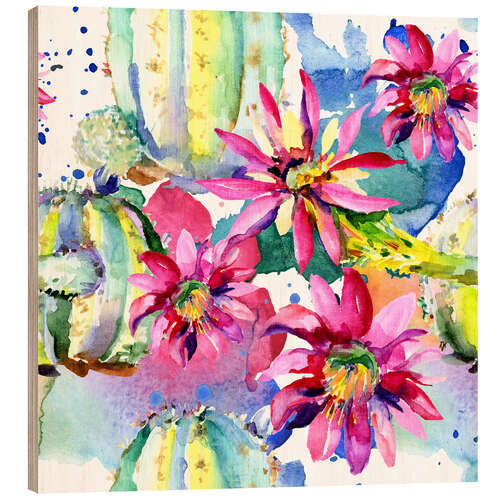 Wood print Pink gerberas and cacti in watercolor