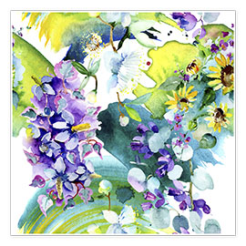 Wall print  Hyacinths and sun flowers in watercolor