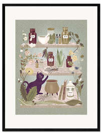 Plakat artystyczny premium w ramie Kitchen shelf with medicinal herbs and cat
