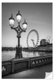 Selvklebende plakat London Eye, svart-hvitt