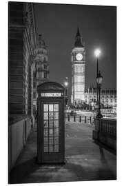 Aluminium print London phone booth and Big Ben, black and white