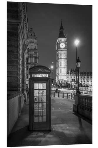 Stampa su PVC Cabina telefonica di Londra e Big Ben, in bianco e nero