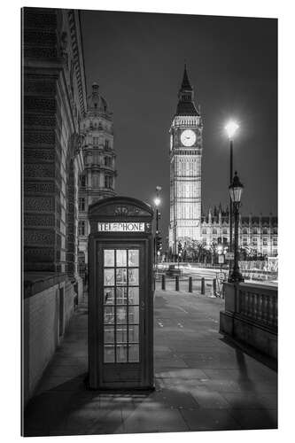 Tableau en plexi-alu Cabine téléphonique de Londres et Big Ben, noir et blanc