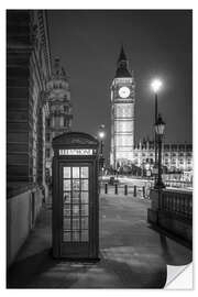 Selvklebende plakat London telefonkiosk og Big Ben, svart-hvitt