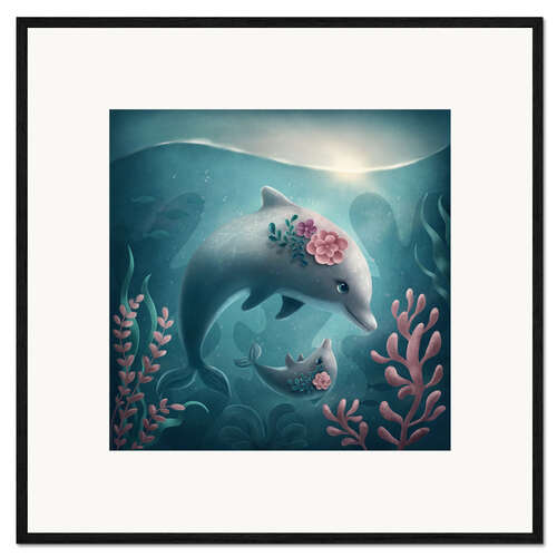 Impression artistique encadrée Mother and baby dolphin