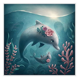 Poster  Mutter und Baby Delphin - Elena Schweitzer