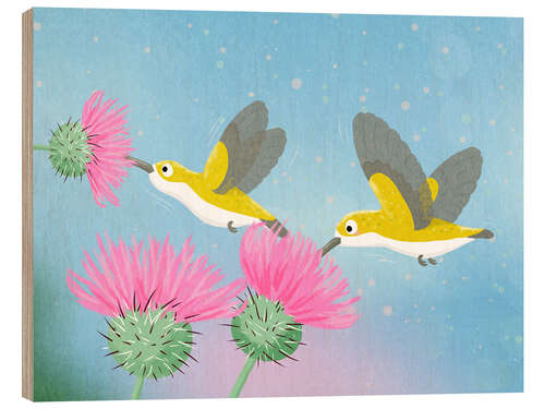 Wood print Hummingbirds with thistles