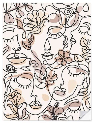 Muursticker Lineart Faces with Flowers II