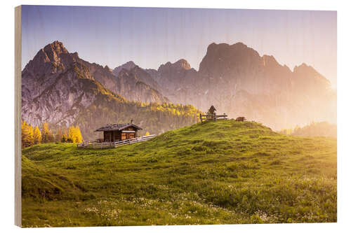 Holzbild Sonnenaufgang auf der Alm