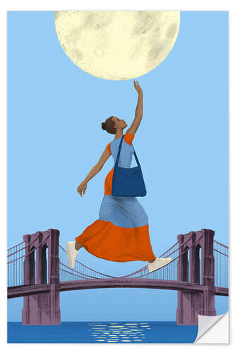 Selvklæbende plakat Moon over Brooklyn Bridge