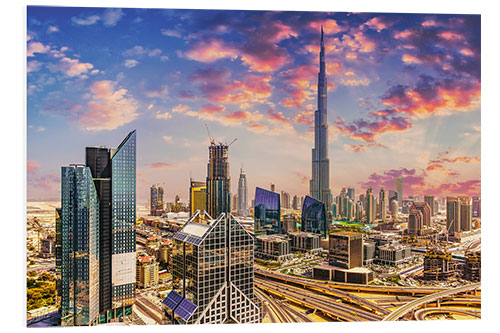 Tableau en PVC Skyline de Dubaï - Sheikh Zayed Street et Burj Khaifa avec des nuages