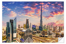 Selvklebende plakat Dubai Skyline - Sheikh Zayed Street and Burj Khaifa with clouds