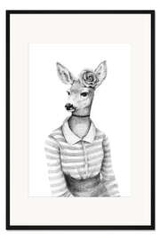 Gerahmter Kunstdruck Reh mit Pulli, schwarz-weiß