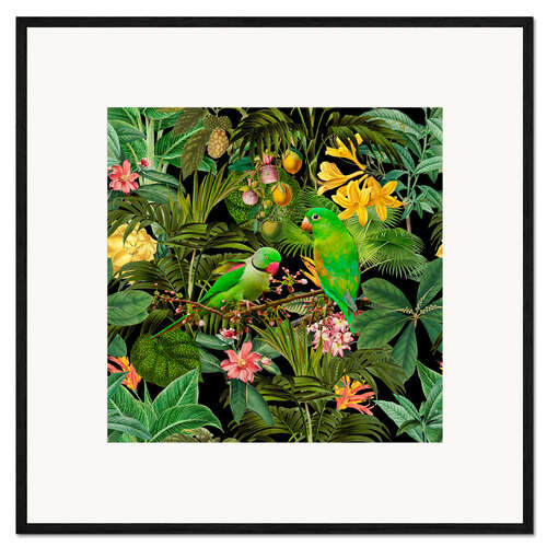 Plakat artystyczny premium w ramie Green Parakeets Jungle Paradise
