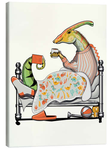 Tableau sur toile Parasaurolophus in bed with hot chocolate