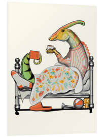 Foam board print Parasaurolophus in bed with hot chocolate