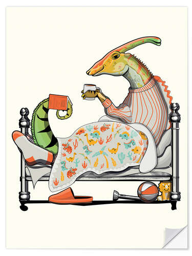 Naklejka na ścianę Parasaurolophus in bed with hot chocolate