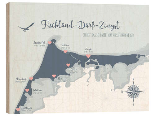 Wood print Fischland-Darß-Zingst map