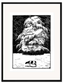 Gerahmter Kunstdruck Kuh in der Nähe einer Lärche