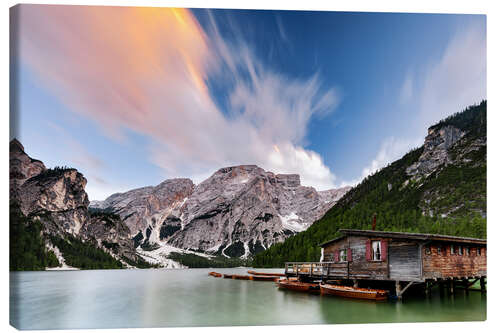 Canvas print Pragser Wildsee at sunset, Dolomites, South Tyrol, Italy