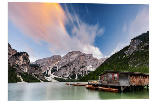 Hartschaumbild Pragser Wildsee bei Sonnenuntergang, Dolomiten, Südtirol, Italien