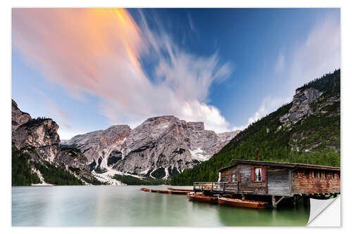 Sticker mural Pragser Wildsee at sunset, Dolomites, South Tyrol, Italy