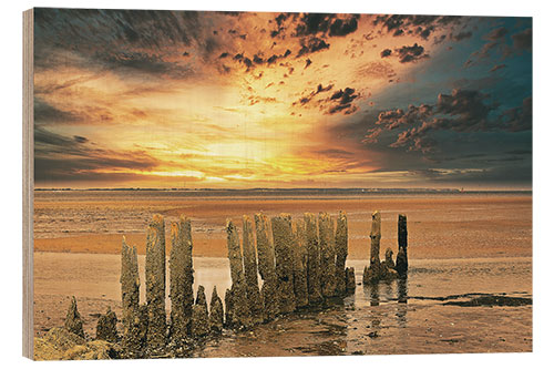 Holzbild Buhnen an der Nordsee im Sonnenuntergang