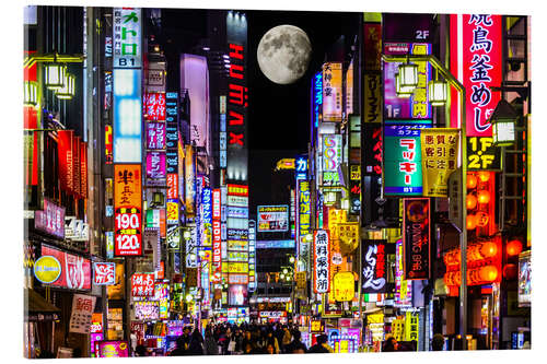 Akryylilasitaulu Neon advertising on Kabukicho Street and full moon, Tokyo