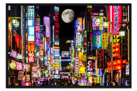 Gerahmter Kunstdruck Neonwerbung auf der Kabukicho Straße und Vollmond, Tokio