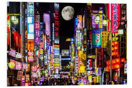 Foam board print Neon advertising on Kabukicho Street and full moon, Tokyo