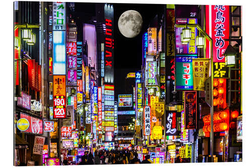 Gallery print Neon advertising on Kabukicho Street and full moon, Tokyo