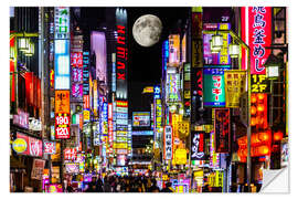 Vinilo para la pared Neon advertising on Kabukicho Street and full moon, Tokyo