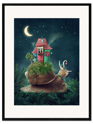 Ingelijste kunstdruk Snail with home at nighttime