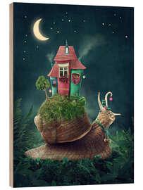 Cuadro de madera Snail with home at nighttime