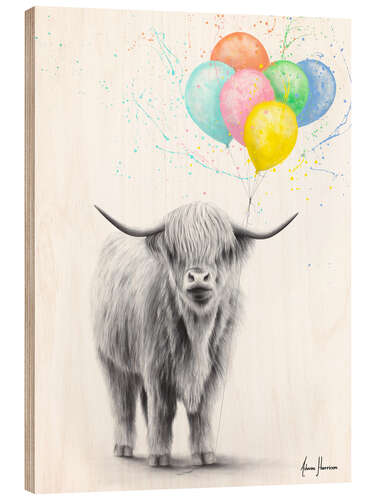 Wood print The Highland Cow and The Balloons