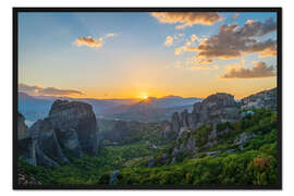 Gerahmter Kunstdruck Sonnenuntergang über Meteora, Griechenland