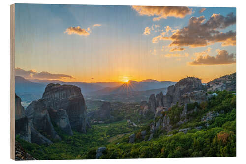 Quadro de madeira Sunset over Meteora, Greece