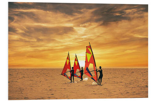 Foam board print Three surfers in the sunset