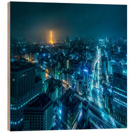Hout print Tokyo cityscape at night