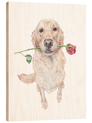 Wood print Golden Retriever with Rose