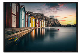 Gerahmter Kunstdruck Schweden, bunte Fischerhütten aus Smögen