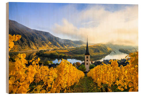 Wood print Bremm Moselle loop, vineyards in yellow autumn colors